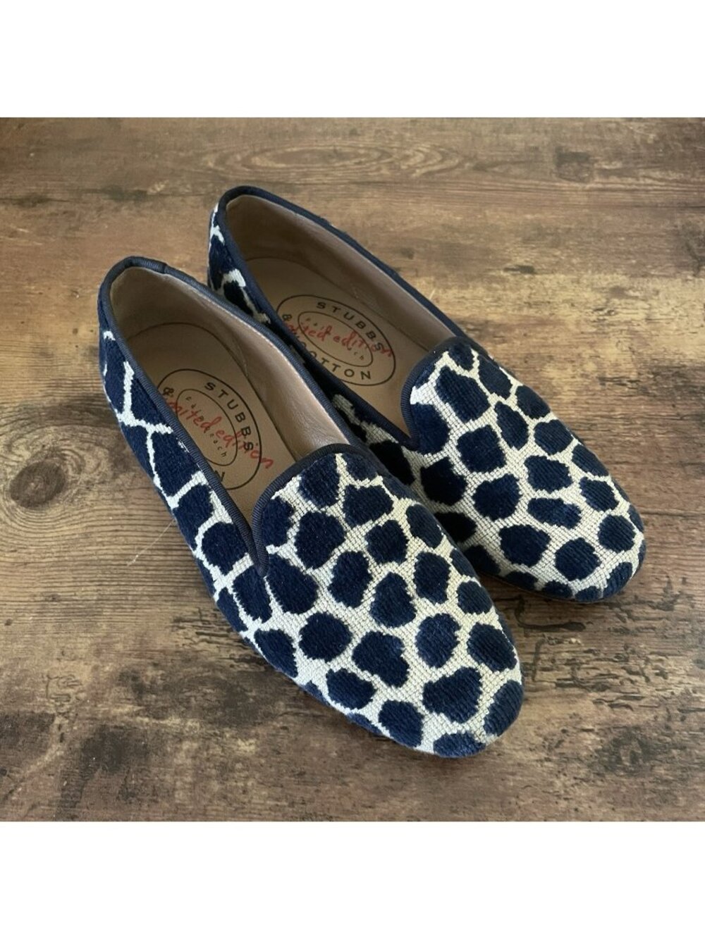 Stubbs & Wootton Womens Smoking Slipper Sz 7.5 Navy Tan Animal Print Needlepoint